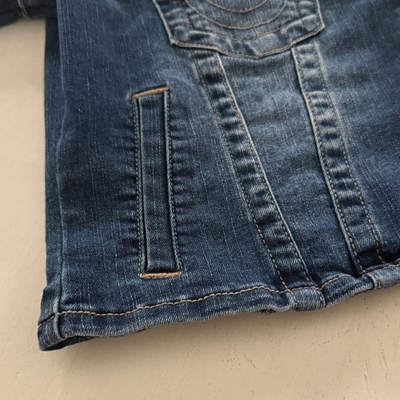 True Religion Y2K Slim Jimmy Dark Blue Jean Jacket frayed collarless neck - Picture 10 of 16